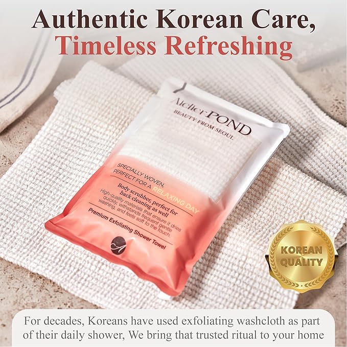 atelier POND Korean Exfoliating Washcloth, 2-Pack – Soft Cotton-Blend Exfoliating Shower Towel for Sensitive Skin, Extra-Long Back Scrubber (Soft Orange)