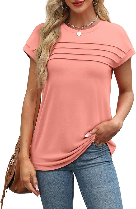 WEESO Womens Summer Tops Trendy 2026 Cap Sleeve T Shirts Crew Neck Pleated Front Beach Vacation Clothes Fashion
