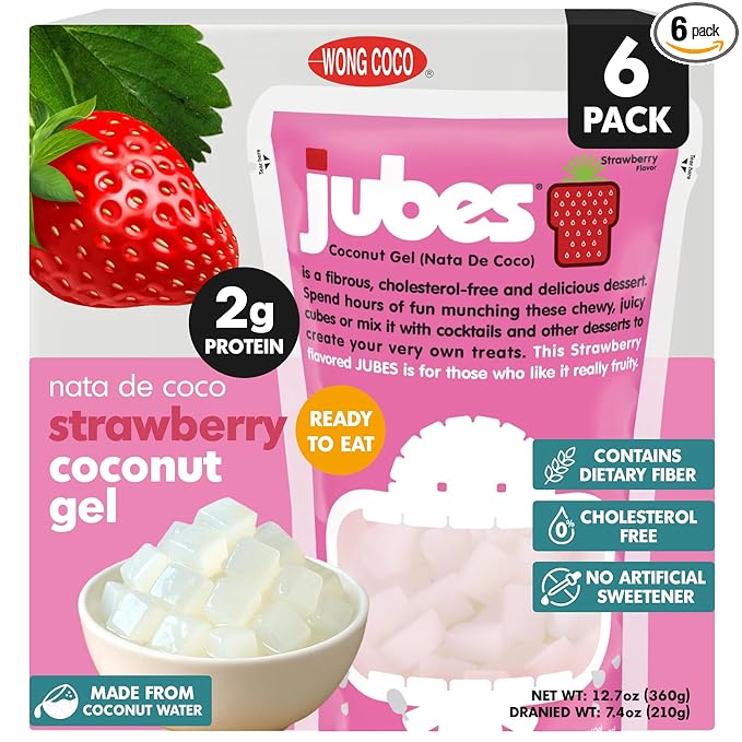 Jubes Strawberry Nata De Coco Jelly Cubes (12.7 oz, Pack of 6) - Strawberry Coconut Jelly Cubes for Sago - Coconut Gel in Syrup Toppings for Fruit Tea, Boba, Bubble Tea, Drinks, Desserts Yogurt, Ice Cream, Beverage
