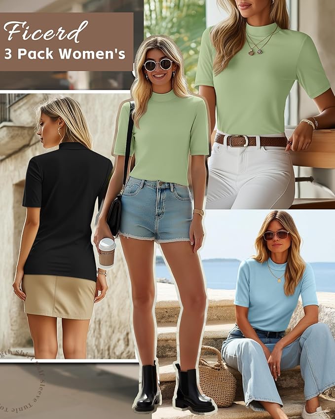 Ficerd 3 Pack Women's 1/2 Sleeve Mock Turtleneck Shirts, Elbow Length Shirt Half Sleeve Tunic Top Casual Summer Basic Tees