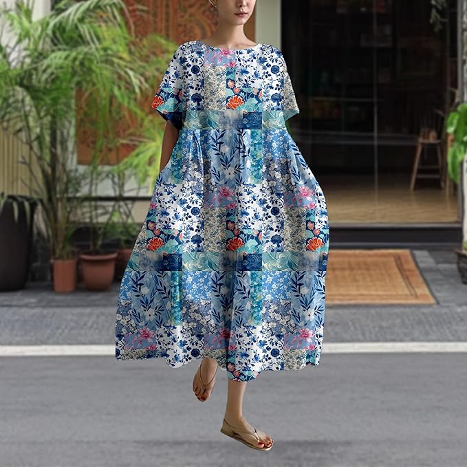 MARSVOVO Patchwork Flowy Dresses for Women Plus Size Loose Casual Tunic Dress Elegant Crewneck Maxi Dresses with Pockets