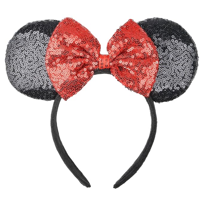 HoveBeaty Mouse Ears Bow Headbands Sequin Hairband Butterfly Glitter Hair Accessories for Girls Women Boys Birthday Cosplay Party Decorations (Red)