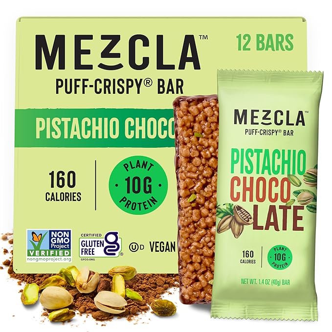 Mezcla Puff Crispy Protein Bars, Gluten Free & Vegan Protein Bars, 10g Protein, Alt for Pistachio Dubai Chocolate Bar, Granola Bars & Breakfast Bars, Healthy Snacks for Adults, Pistachio Chocolate, 12 Pack