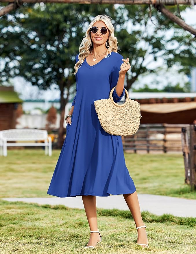 Zeagoo Women's Dresses 3/4 Sleeve Summer Casual V-Neck A Line Flowy Eyelet Midi Dress for Women Beach Vacation Sundress