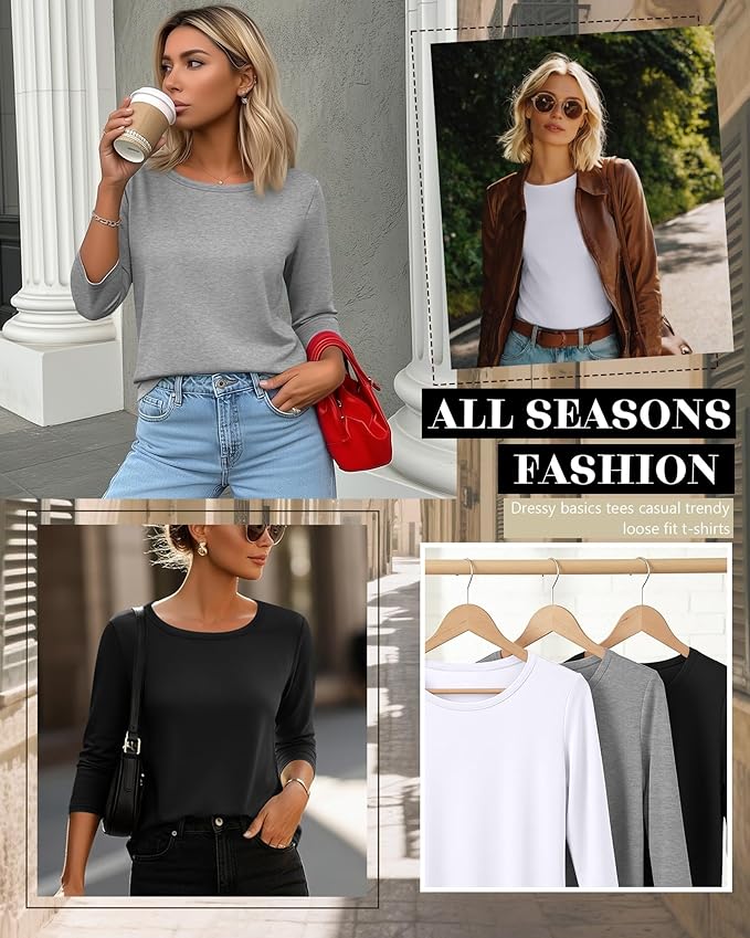 Ficerd 3 Pack 3/4 Sleeve Tops for Women Round Neck Dressy Basics Tees Casual Trendy Loose Fit T Shirts