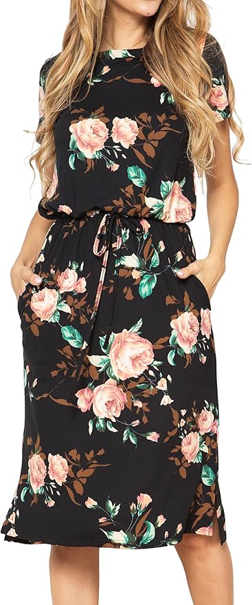 Simier Fariry Womens Spring Hide Belly Knee Length Travel Dress Pocket Summer Short Sleeve Midi Work Casual Outfits
