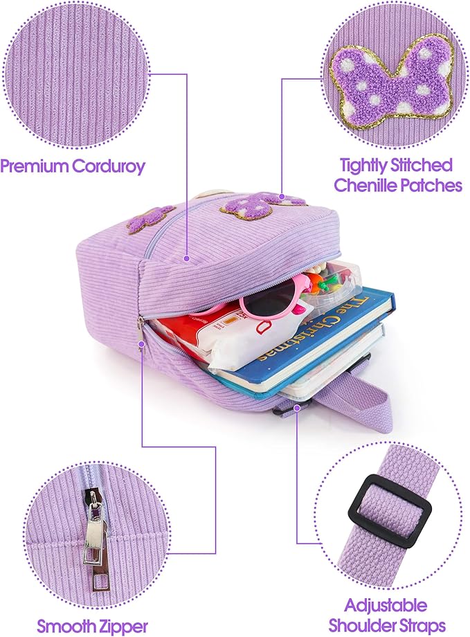 2 3 4 5 6 Year Old Girl Gifts Chenille Initial Mouse Bow Mini Backpack, Corduroy Toddler Backpacks Christmas Birthday Gifts for Girls 2-4 5-6, Purple Mini Diaper Bag Must Haves for Park Travel Z
