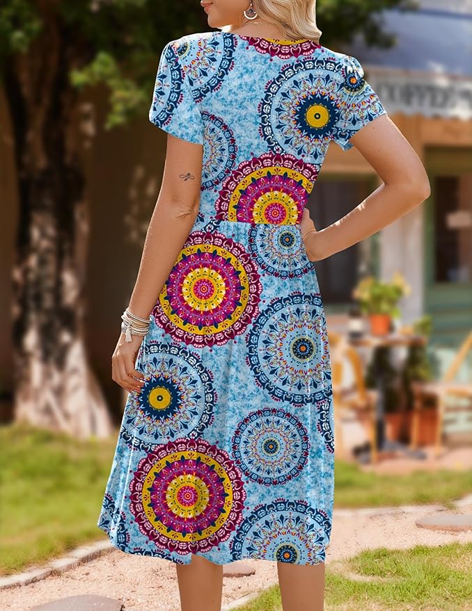 HOTOUCH Women's Summer A-Line Midi Dresses 2026 Casual Floral Short Sleeve T-Shirt Dress Flowy Beach Sundress with Pockets