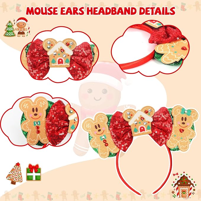 ETLUK Christmas Mouse Ears Headband for Women, Sequin Christmas Ears Headband for Party Cosplay Costumes Accessories（Green Gingerbread）