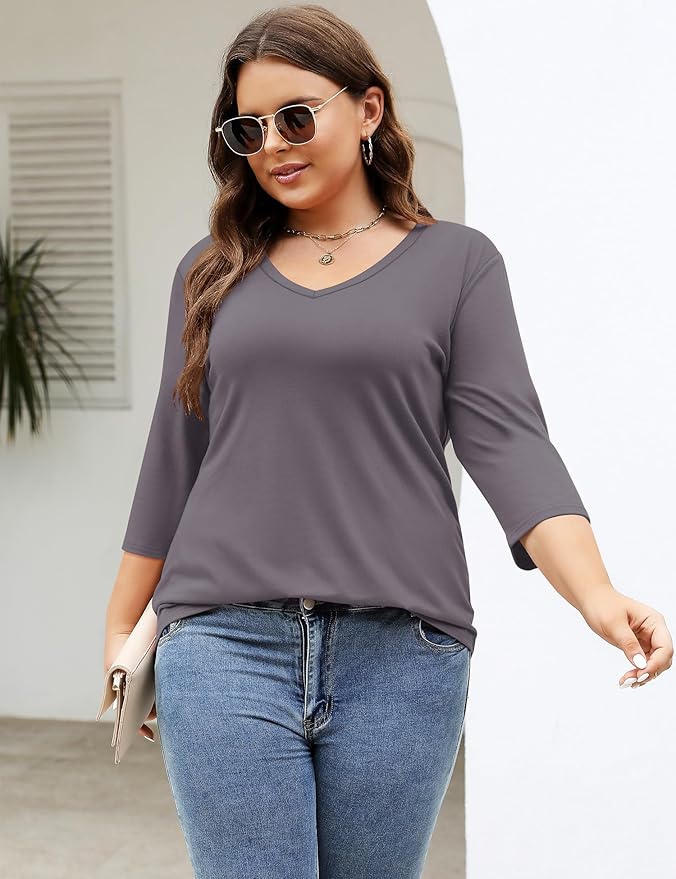 TFSDOD Womens Plus Size Tops V Neck T Shirts 3/4 Sleeve Blouse Summer Casual Tees XL-5X