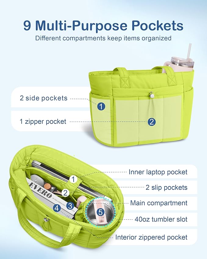 TOPDesign Puffy Tote Bag for Women with Cup Holder & Laptop Compartment & Cosmetic Bag & Trolley Sleeve for Work, Travel