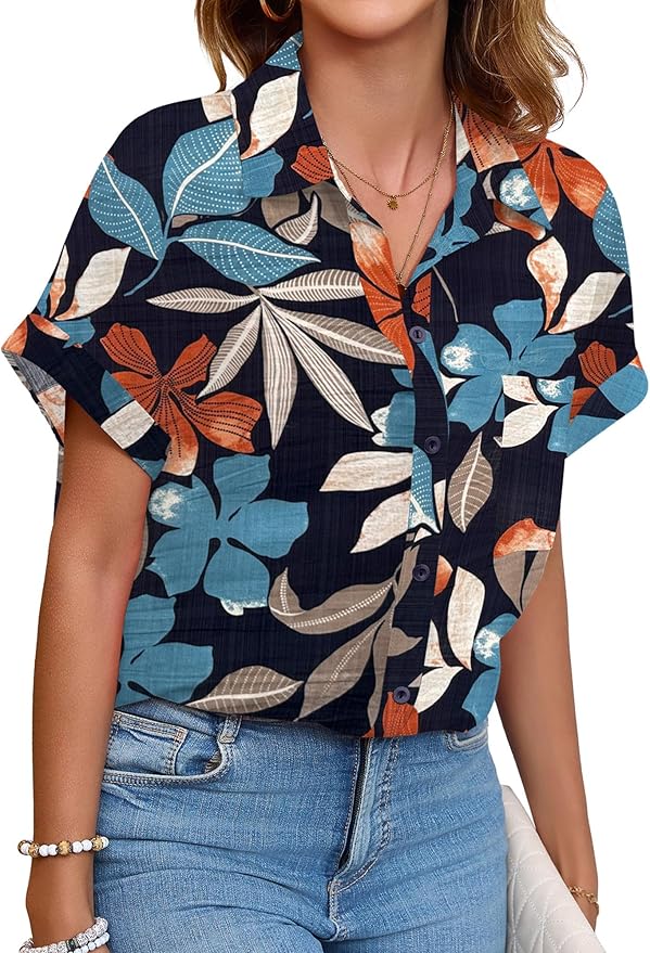 Womens Button Down Shirt Casual Short Sleeve Collared Work Blouse with Pocket