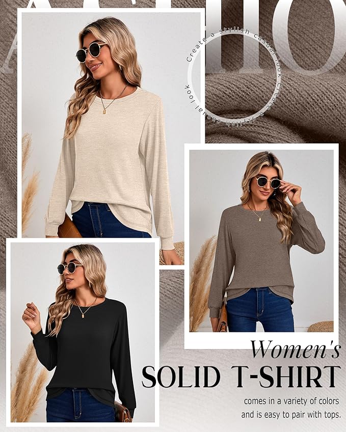 Ficerd 3 Pack Women's Long Sleeve Shirts, Cotton Crew Neck Tunic Tops Casual Loose Fit Pullover Sweatshirts Curved Hem Shirts