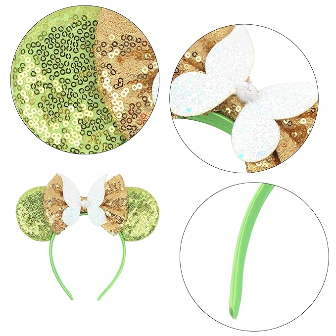 zhezesmila Mouse Ears Headband with Tinkerbell Scrunchies Sequin Ears Headband Party Costume Hair Accessories Headwear Decoration for Women