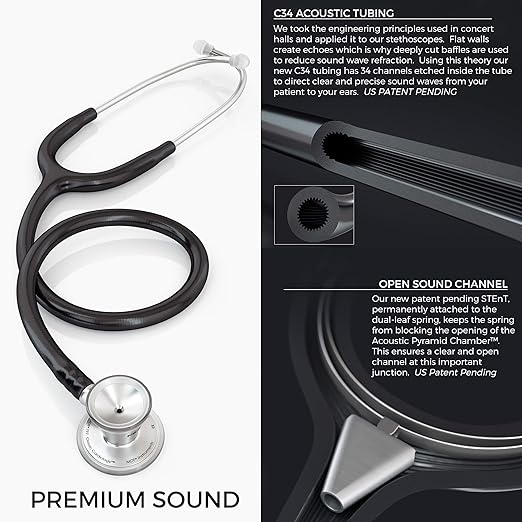 MDF Instruments, ProCardial Cardiology Stethoscope, Stainless Steel, Adult, Dual Head, Black Tube, Black Chestpiece-Headset, MDF797BO