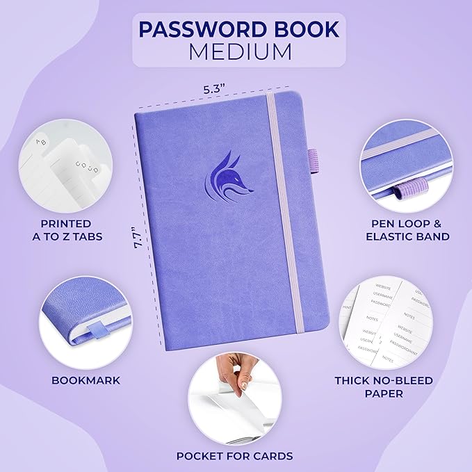 Clever Fox Password Book with alphabetical tabs. Internet Address Organizer Logbook. Medium Password Keeper for Website Logins (Lavender)