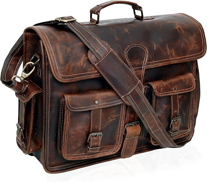 Leather Briefcase Work Bag for Men Women Dark Brown Crossbody Genuine Leather Satchel Office Bag for Men Women 18 Inch Computer Travel Messenger Laptop Shoulder Bag Cureo