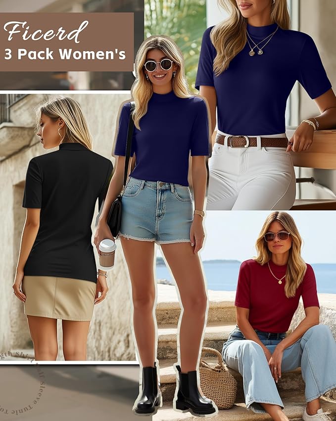 Ficerd 3 Pack Women's 1/2 Sleeve Mock Turtleneck Shirts, Elbow Length Shirt Half Sleeve Tunic Top Casual Summer Basic Tees