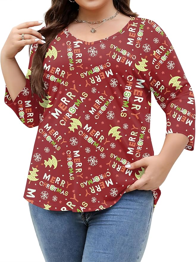 TFSDOD Womens Plus Size Tops V Neck T Shirts 3/4 Sleeve Blouse Summer Casual Tees XL-5X