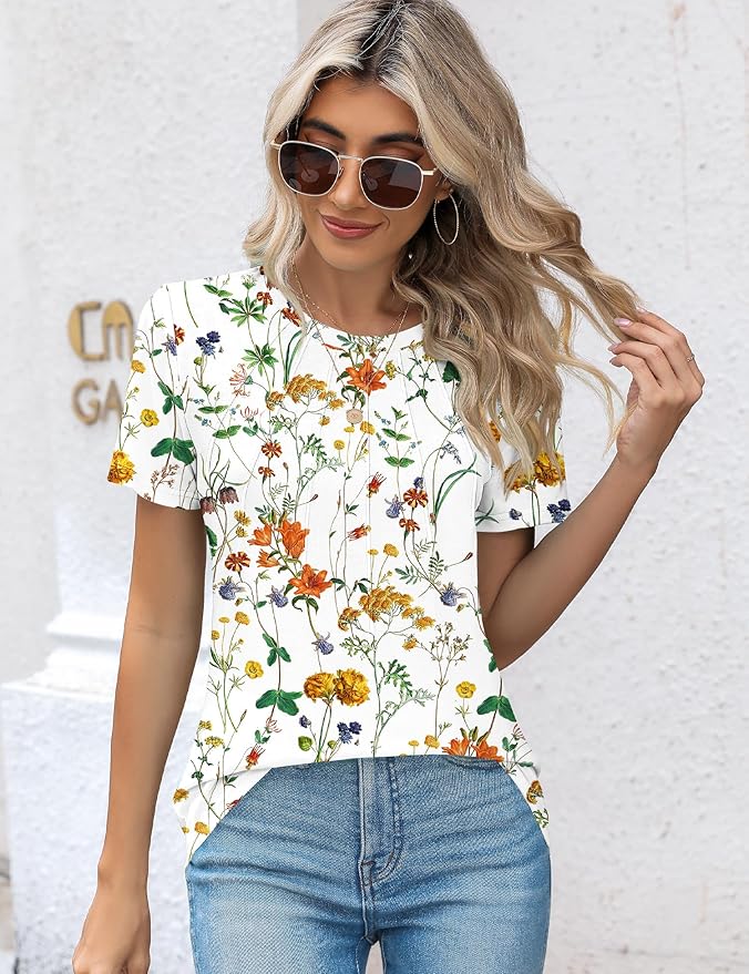Kistore Womens Casual Crew Neck Short Sleeve Pleated Tops Blouses Fashion Clothes 2026