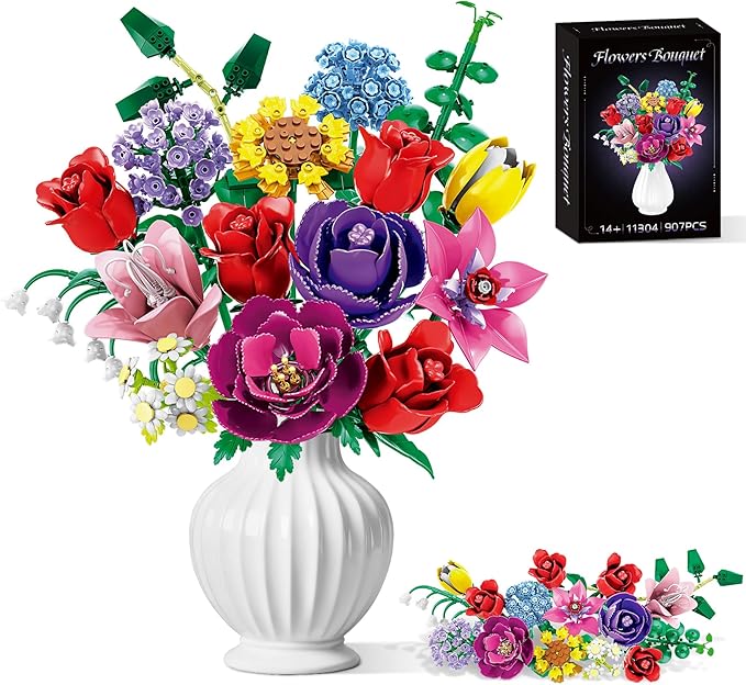 Loyratche Flower Bouquet Building Set, Compatible with Lego Flowers, 16 Flowers Rose Building Block, Artificial Flowers Botanical Collection Building Block Toy Plant Home Decor, Gift for Her (907 PCS)