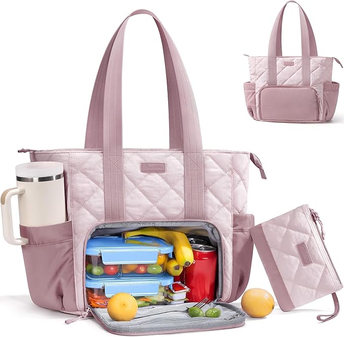Puffer Lunch Tote Bag for Women, 15.6 Inch Laptop Work Bag with Insulated Lunch Compartment & Large Cup Holder, Lightweight Quilted Puffy Lunch Box Purse for Teacher Nurse Travel Office Daily School