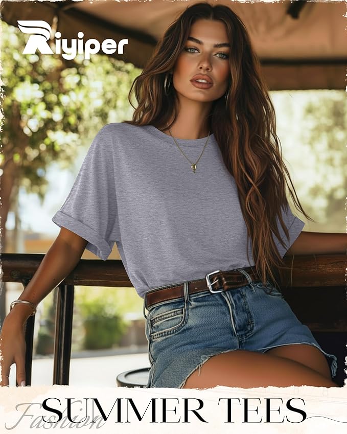 Riyiper 3 Pack Women's Oversized T-Shirt Half Sleeve Summer Tees Casual Loose Fit Crew Neck Basic Tops