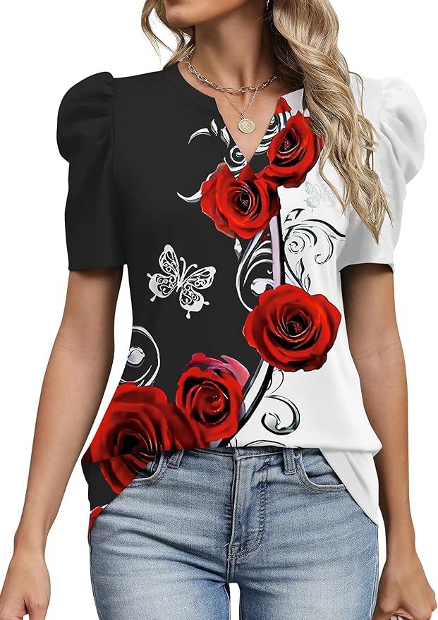 Lomon Spring Summer Tops for Women 2026 V Neck Puff Short Sleeve Tops Fashion Trendy Work Blouses Dressy Casual S-XXL
