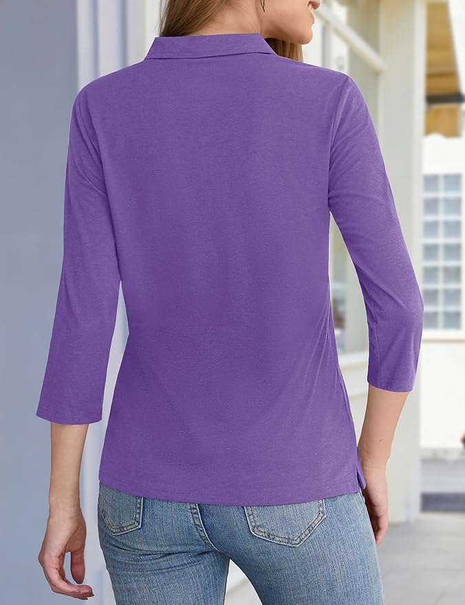 YUCOLEN Polo Shirts for Women 3/4 Sleeve Tops Golf Tees 5-Button Collared Cotton Shirt Business Casual