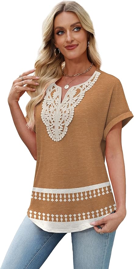 Sipaya Womens Blouses Dressy Casual Summer Shirts Short Sleeve Lace Front Boho Tunic Tops for Leggings Fashion Clothes