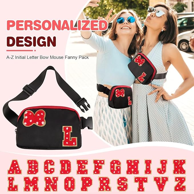 Initial Letter Bow Mouse-Ear Fanny Pack for Teen Girls,Cute Chenille Belt Bag Crossbody Travel Waist Pack for Women&Kids,Personalized Gift for Theme Park,School & Travel, Birthday Christmas(L)
