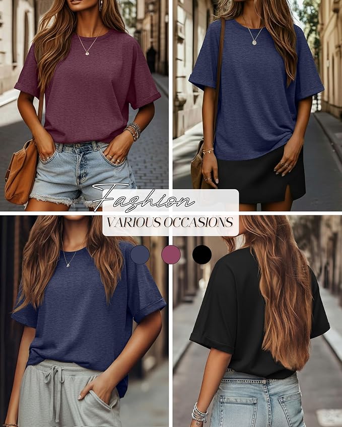 Riyiper 3 Pack Women's Oversized T-Shirt Half Sleeve Summer Tees Casual Loose Fit Crew Neck Basic Tops