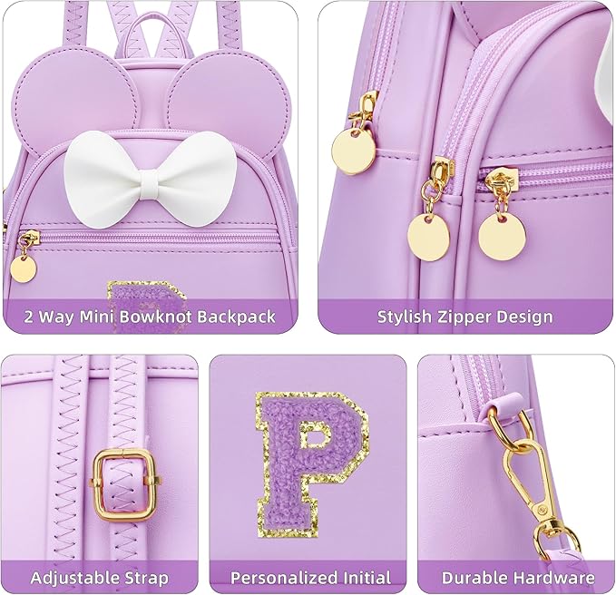 KKXIU Girls Initial Bowknot Cute Mini Backpack for Toddler, Travel Small Girl Backpacks, Personalized Valentine's Day Gifts for Little Girls and Kids(P, Purple)