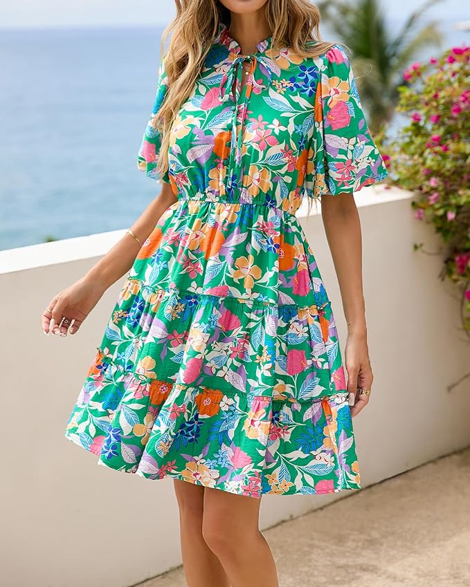BTFBM Women Summer Floral Short Dresses V Neck Short Sleeve Tiered Ruffle Boho Swing Dress A-Line Mini Dresses