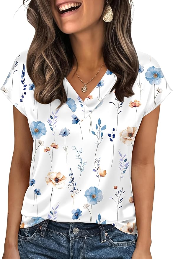 Zeagoo Women Silk Satin Tops Cap Short Sleeve Blouse V Neck Shirts Business Casual Outfits S-2XL