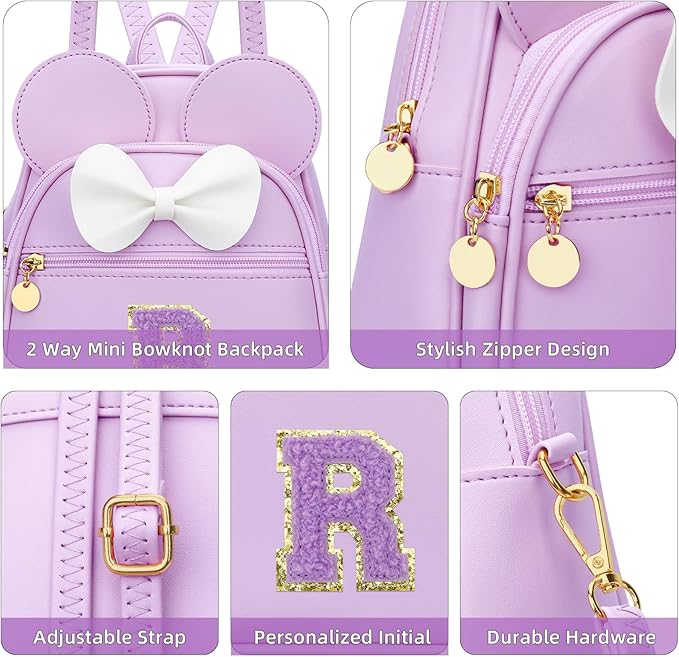 KKXIU Girls Initial Bowknot Cute Mini Backpack for Toddler, Travel Small Girl Backpacks, Personalized Valentine's Day Gifts for Little Girls and Kids(R, Purple)