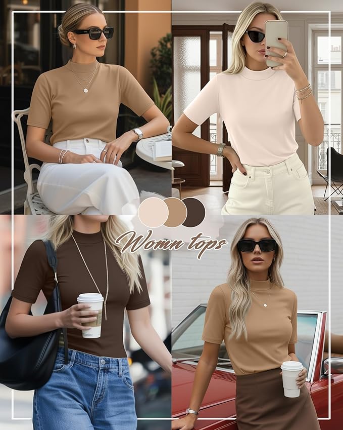 Ficerd 3 Pack Women's 1/2 Sleeve Mock Turtleneck Shirts, Elbow Length Shirt Half Sleeve Tunic Top Casual Summer Basic Tees