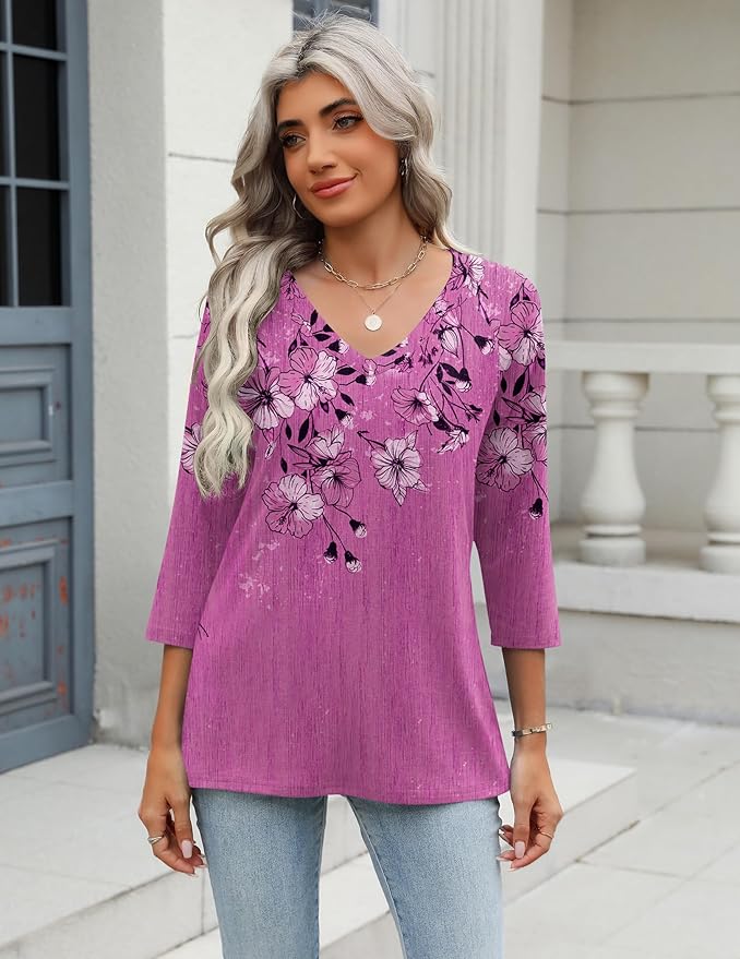 Zeagoo 3/4 Length Sleeve Womens Tops Casual V Neck Shirts Soft Basic Tees Business Work Blouses