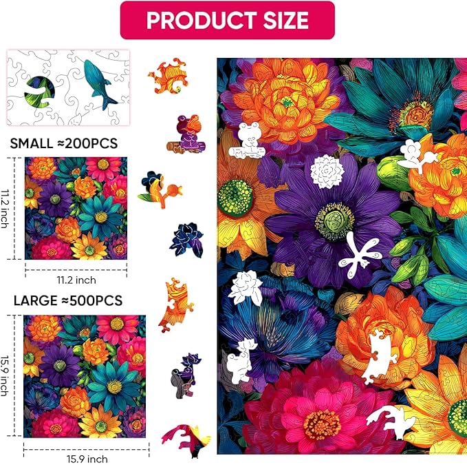 MEATRN Multicolor Chrysanthemum Wooden Puzzles for Adults 200 Pcs, 11.2x11.2 in, Fun Educational Wood Puzzle, Handmade Decorative Gift, Relaxing Wood Puzzle Game for Family
