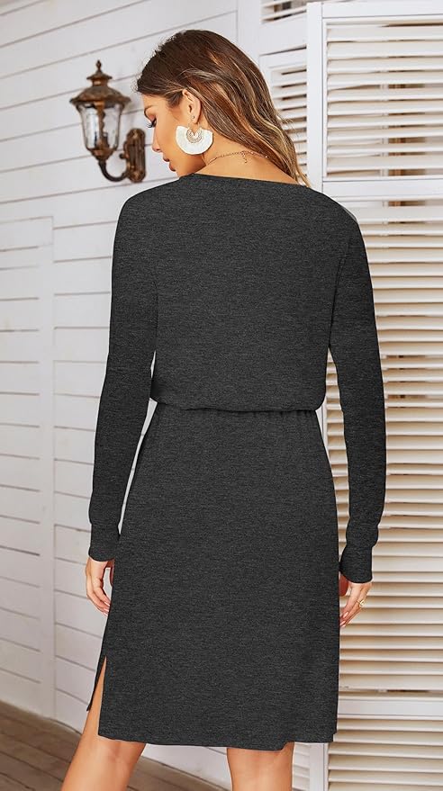 Simier Fariry Womens Spring Hide Belly Knee Length Travel Dress Pocket Summer Short Sleeve Midi Work Casual Outfits