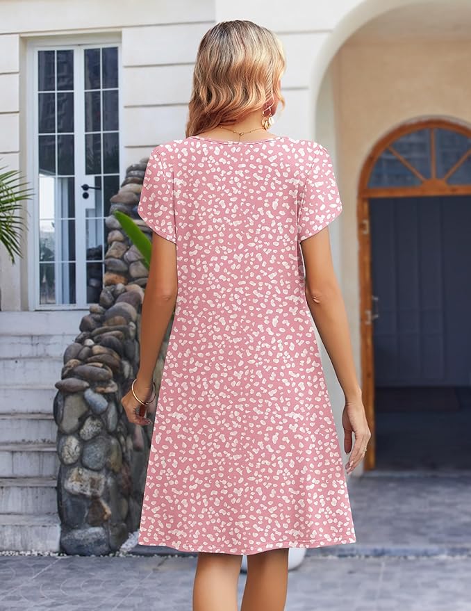 Zeagoo Women's Casual Dresses with Pockets Summer Floral V-Neck A-Line Tshirt Dress Short Sleeve Mini Dress Beach Sundress