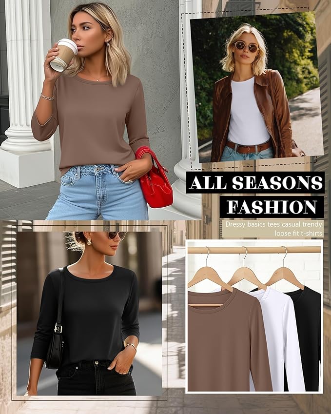 Ficerd 3 Pack 3/4 Sleeve Tops for Women Round Neck Dressy Basics Tees Casual Trendy Loose Fit T Shirts