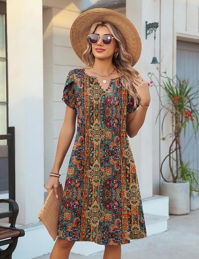 Zeagoo Women's Casual Dresses with Pockets Summer Floral V-Neck A-Line Tshirt Dress Short Sleeve Mini Dress Beach Sundress