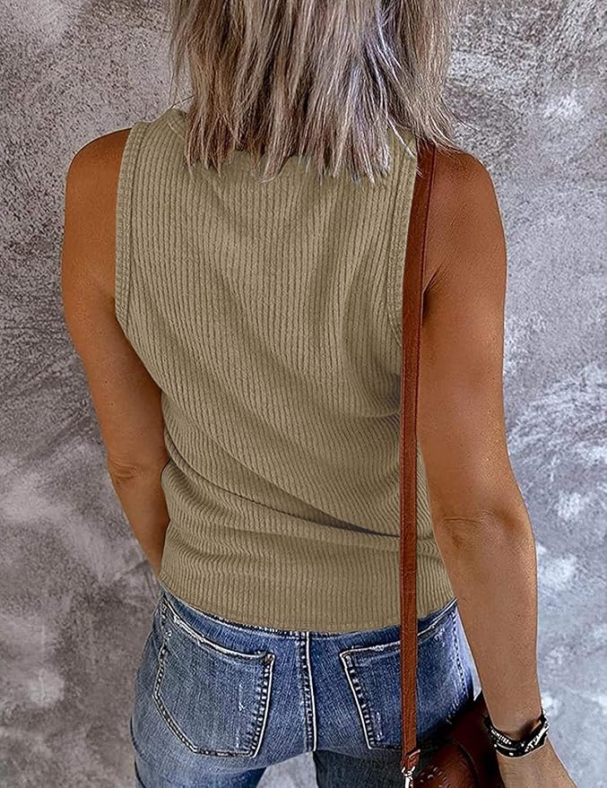 MEROKEETY Women's 2026 Summer Sleeveless Tank Tops V Neck Ribbed Dressy Casual Henley Shirts Button Loose Cami Tees