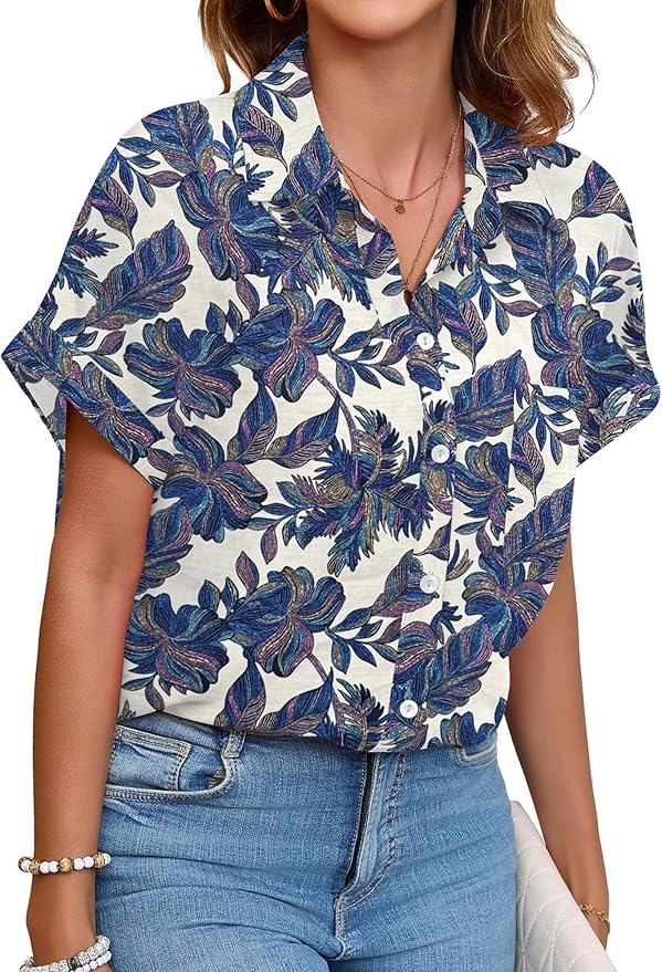 Womens Button Down Shirt Casual Short Sleeve Collared Work Blouse with Pocket
