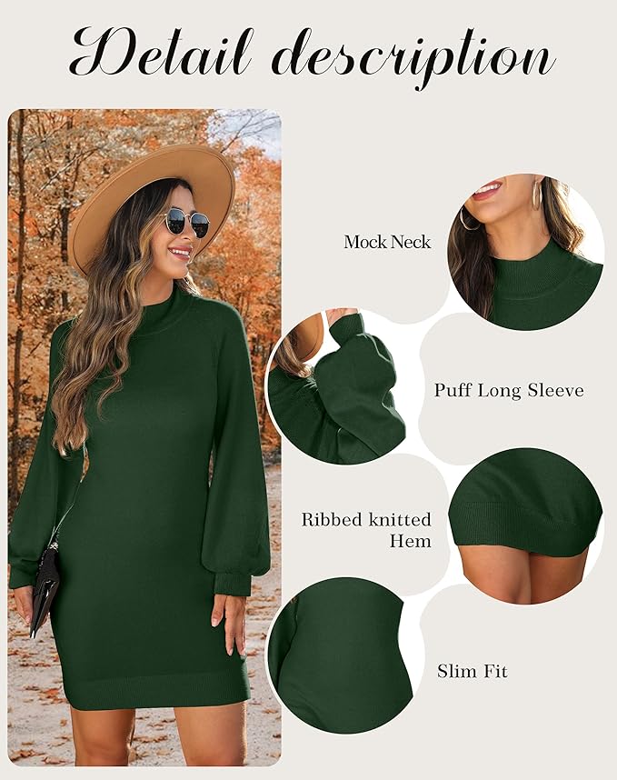 GRECERELLE 2026 Women's Mock Neck Ribbed Long Sleeve Bodycon Pullover Cute Mini Sweater Dress (XS-2XL)