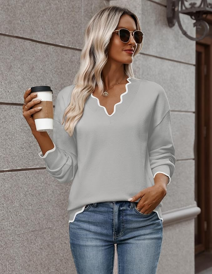 Zeagoo Women's 2026 Fall V Neck Sweater Casual Long Sleeve Lightweight Ribbed Knit Pullover Sweaters Dressy Casual Tops