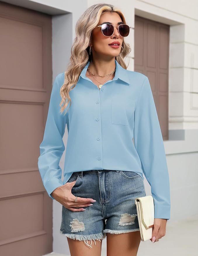 HOTOUCH Button Down Shirts for Women Long Sleeve Blouse Dressy Casual Business Work Tops with Pocket