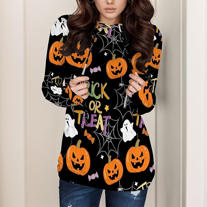 domirica Halloween Hooded Sweatshirt Long Sleeve Pocket Trendy Pumpkin Skull Sweatshirt Halloween Costumes For Holiday Party