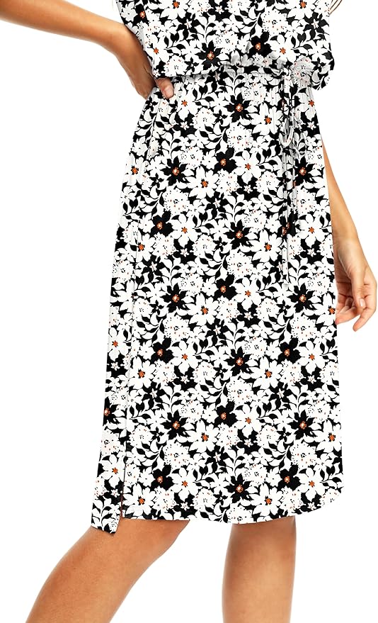 Simier Fariry Womens Spring Hide Belly Knee Length Travel Dress Pocket Summer Short Sleeve Midi Work Casual Outfits